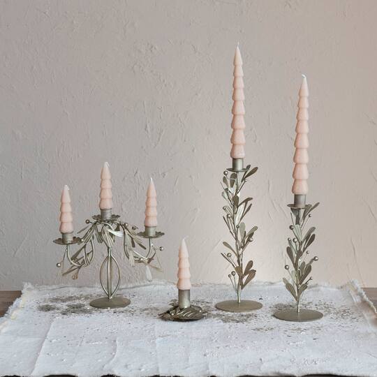 Hello Honey® 12.5" Distressed Pewter Finish Metal Taper Candleholder with Leaves & Berries